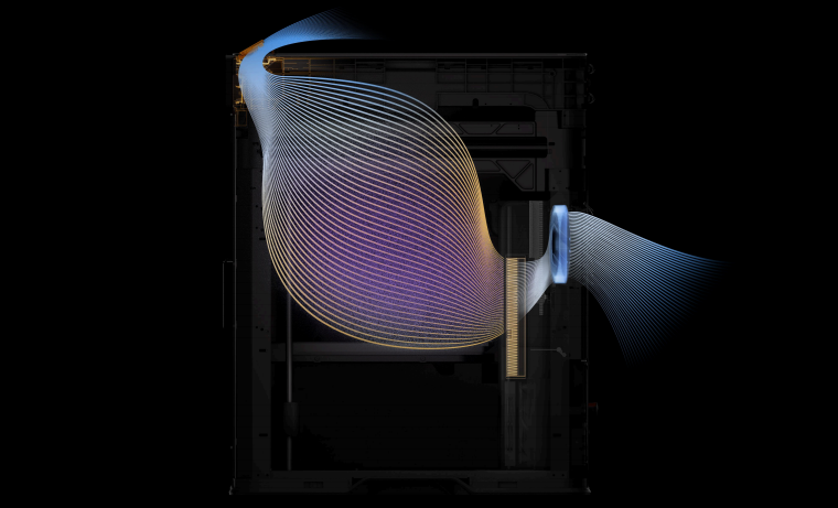 Low-temperature printing: top vents draw in cool air and exhaust filtered waste gas, so printing PLA/PETG with overhangs requires no door opening
