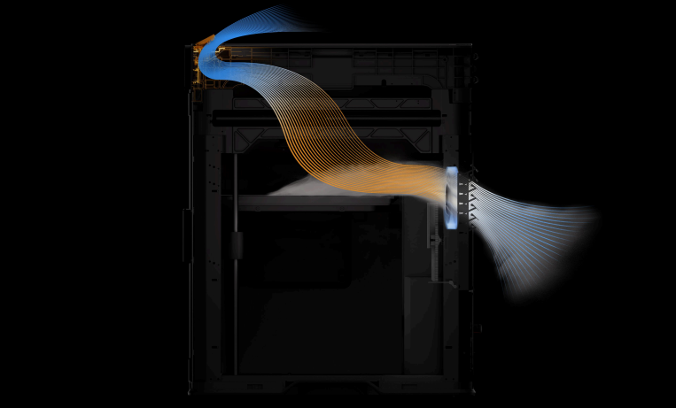 Laser cutting/engraving: top vents and filter flaps open to efficiently exhaust smoke for a safe, clean workspace